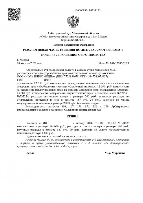 Нарушение исключительных прав на изображения героев мультфильма «Изображение логотипа «Сказочный патруль» и «Аленка»